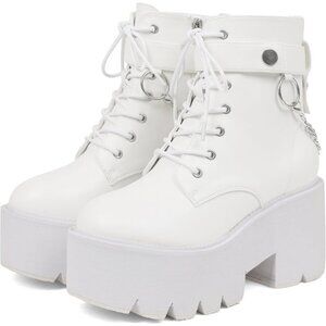 Women's Vegan Leather White Chunky Wedge Lace Up & Zipper Ankle Heel Party Boots